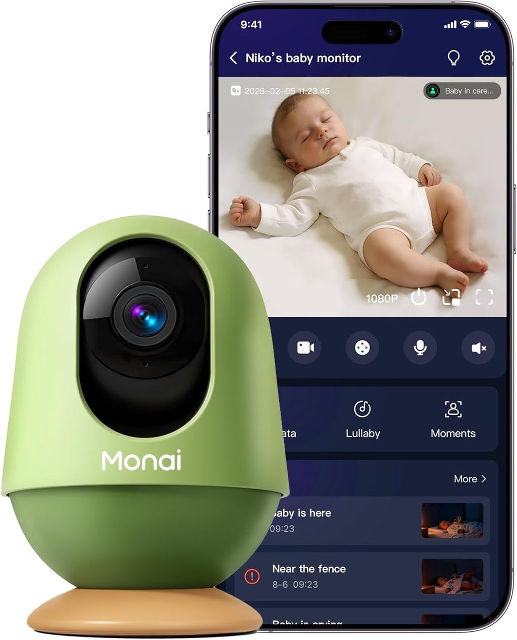 Monai AI-Powered Baby Monitor, 3K UHD,Wake & Cry Alerts, Potential Risks Alert, WiFi Video Baby Camera with Local Storage, Pan-Tilt, 6X Zoom & Night Vision, No Monthly Fee