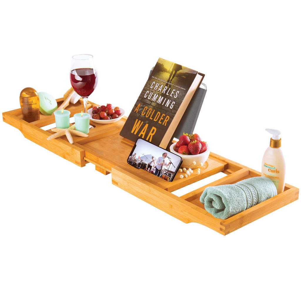 Wooden Bathtub Tray - Foldable & Expandable Bamboo Bath Tray for Tub with Wine Holder, Book & Tablet Stand - Bath Caddy Tray for Bathtub, Spa Bath Accessories, Tub Tray Table, (Brown)