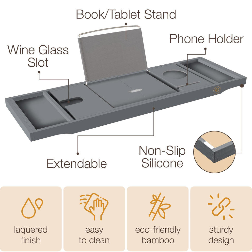 Wooden Bathtub Tray - Foldable & Expandable Bamboo Bath Tray for Tub with Wine Holder, Book & Tablet Stand - Bath Caddy Tray for Bathtub, Spa Bath Accessories, Tub Tray Table, (Brown)