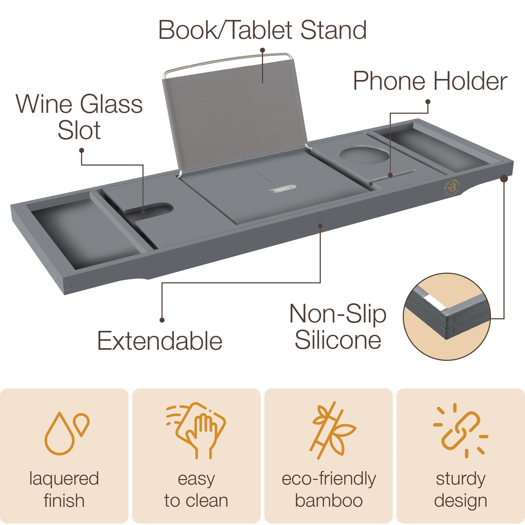 Wooden Bathtub Tray - Foldable & Expandable Bamboo Bath Tray for Tub with Wine Holder, Book & Tablet Stand - Bath Caddy Tray for Bathtub, Spa Bath Accessories, Tub Tray Table, (Brown)