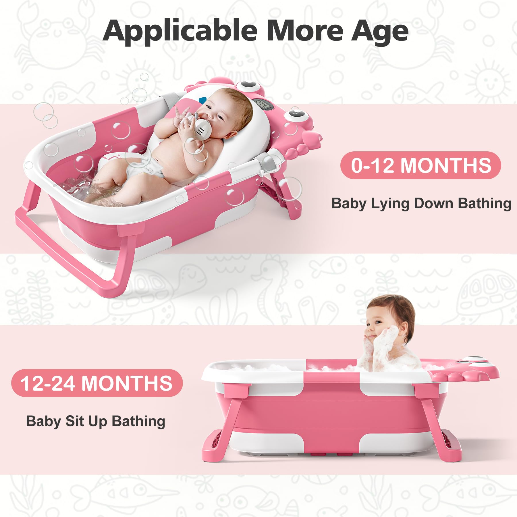 Collapsible Baby Bathtub for Newborns with Thermometer and Soft Floating Cushion Portable and Foldable Travel Baby Boy Bath Tub for Infants to Toddler 0-36 Month (Beige)