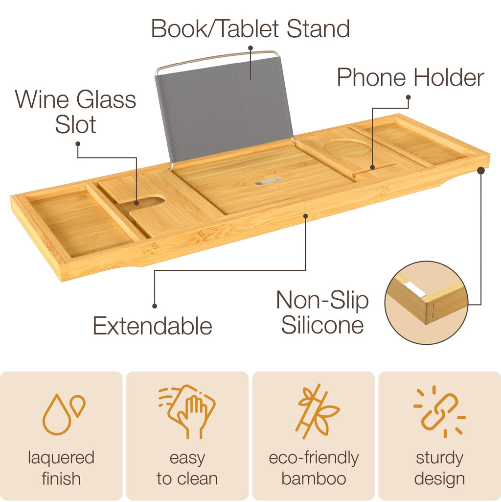 Wooden Bathtub Tray - Foldable & Expandable Bamboo Bath Tray for Tub with Wine Holder, Book & Tablet Stand - Bath Caddy Tray for Bathtub, Spa Bath Accessories, Tub Tray Table, (Brown)