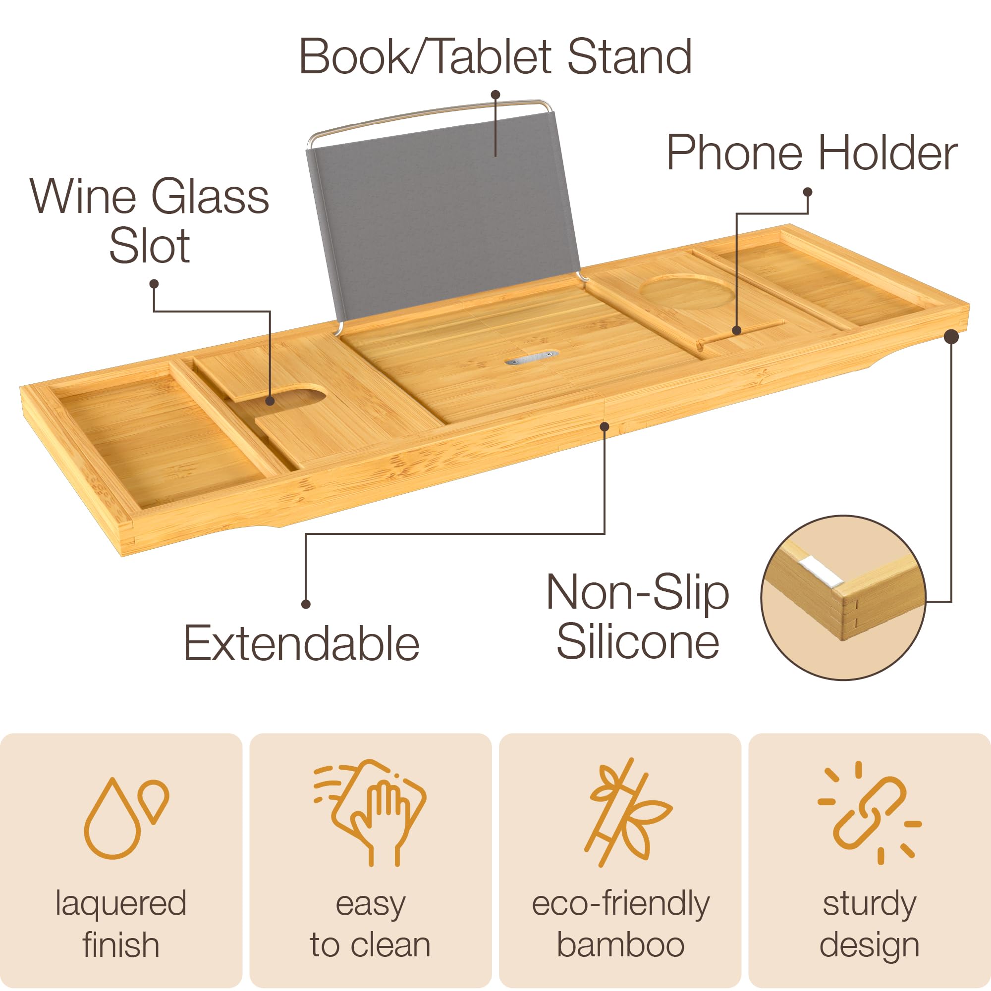 Wooden Bathtub Tray - Foldable & Expandable Bamboo Bath Tray for Tub with Wine Holder, Book & Tablet Stand - Bath Caddy Tray for Bathtub, Spa Bath Accessories, Tub Tray Table, (Brown)
