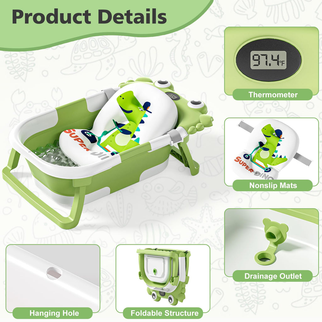 Collapsible Baby Bathtub for Newborns with Thermometer and Soft Floating Cushion Portable and Foldable Travel Baby Boy Bath Tub for Infants to Toddler 0-36 Month (Beige)