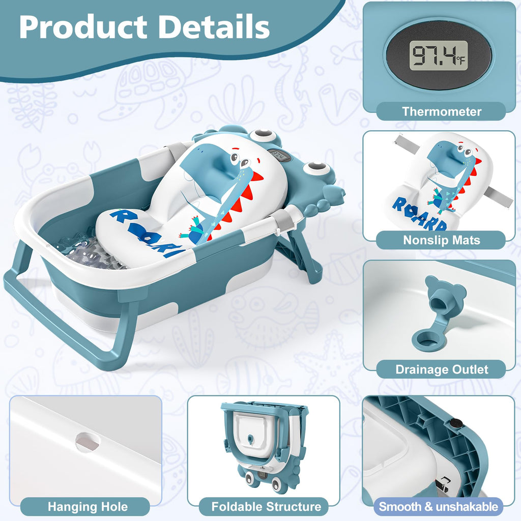 Collapsible Baby Bathtub for Newborns with Thermometer and Soft Floating Cushion Portable and Foldable Travel Baby Boy Bath Tub for Infants to Toddler 0-36 Month (Beige)
