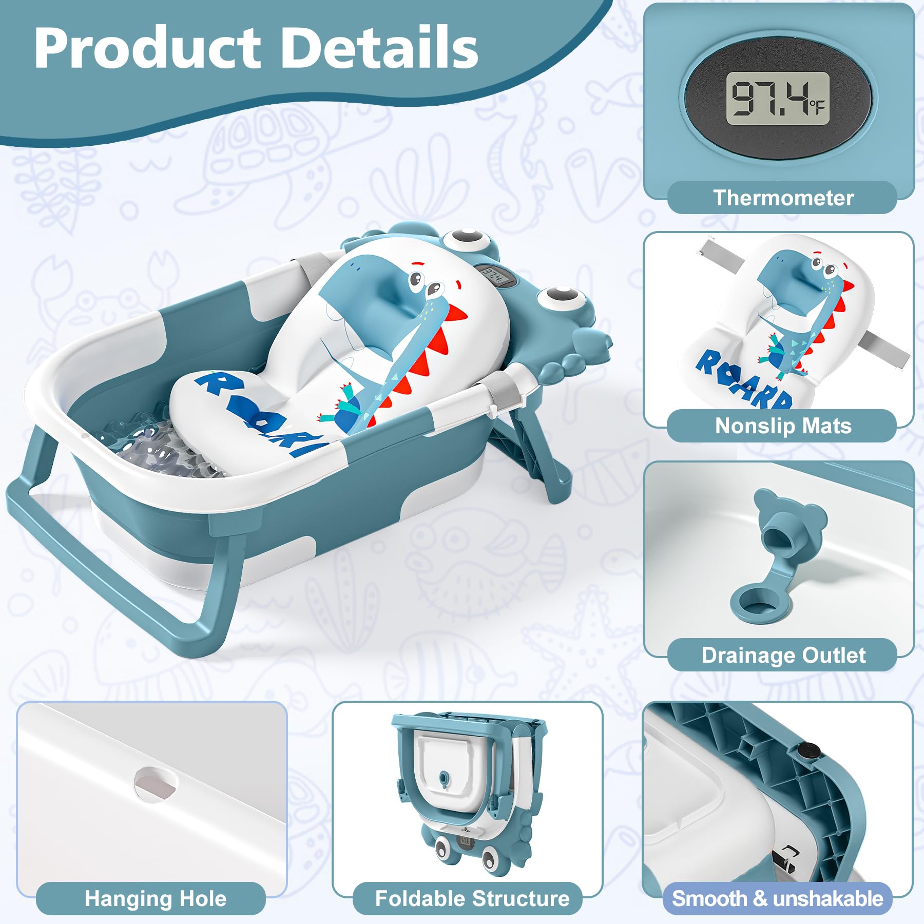 Collapsible Baby Bathtub for Newborns with Thermometer and Soft Floating Cushion Portable and Foldable Travel Baby Boy Bath Tub for Infants to Toddler 0-36 Month (Beige)