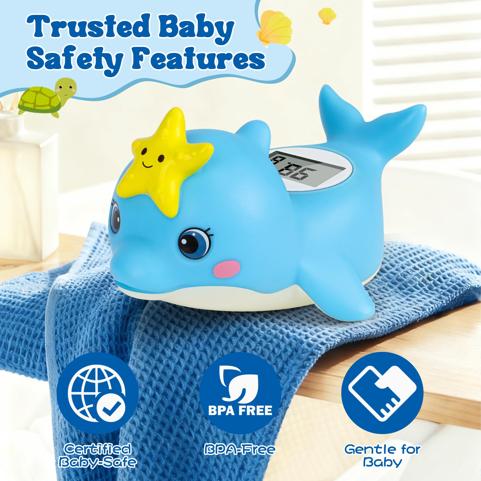 Baby Bath Thermometer for Newborn – Digital Bathtub Water Temperature Thermometer – Floating Dolphin Bath Toy, °C/°F Display, Waterproof & BPA-Free