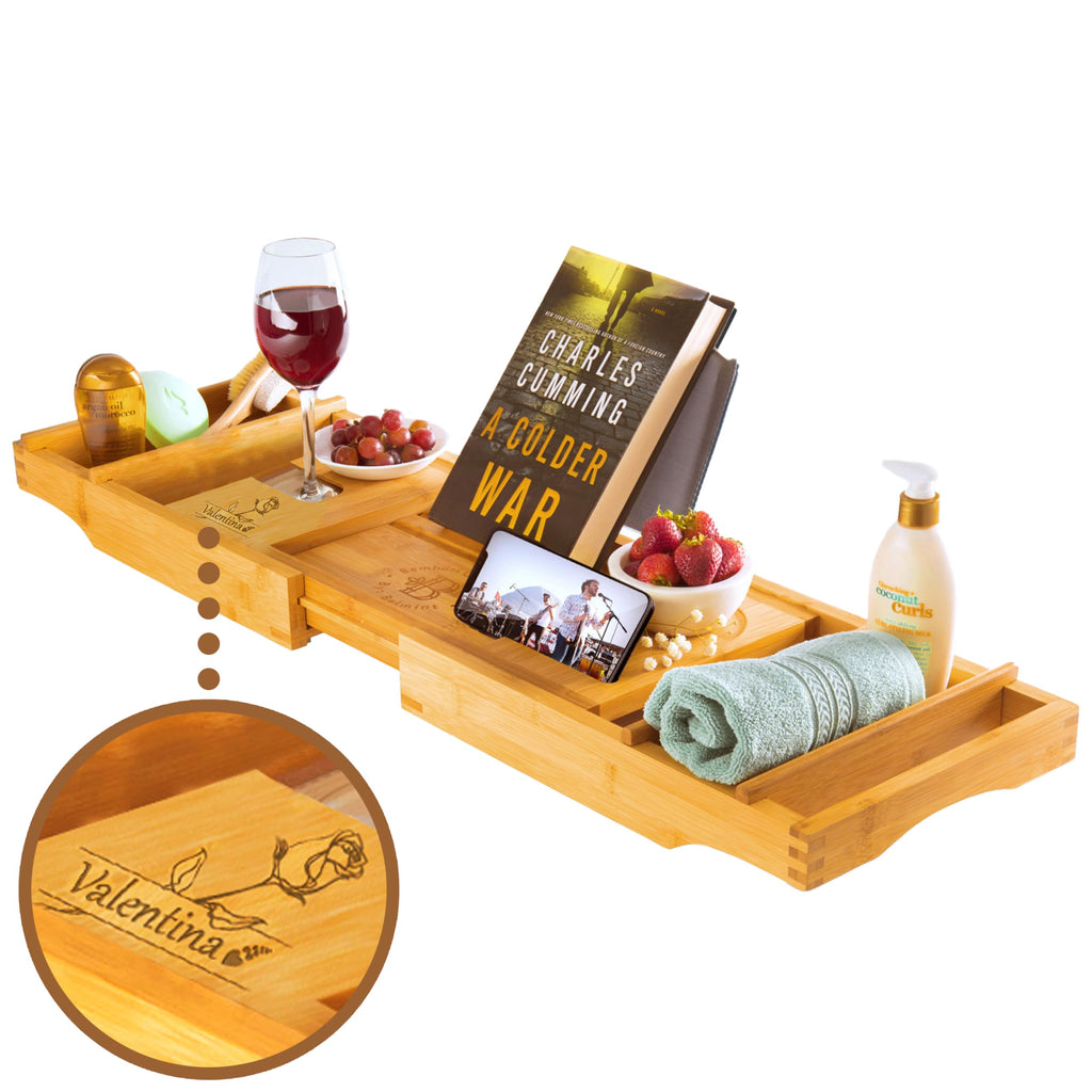 Wooden Bathtub Tray - Foldable & Expandable Bamboo Bath Tray for Tub with Wine Holder, Book & Tablet Stand - Bath Caddy Tray for Bathtub, Spa Bath Accessories, Tub Tray Table, (Brown)
