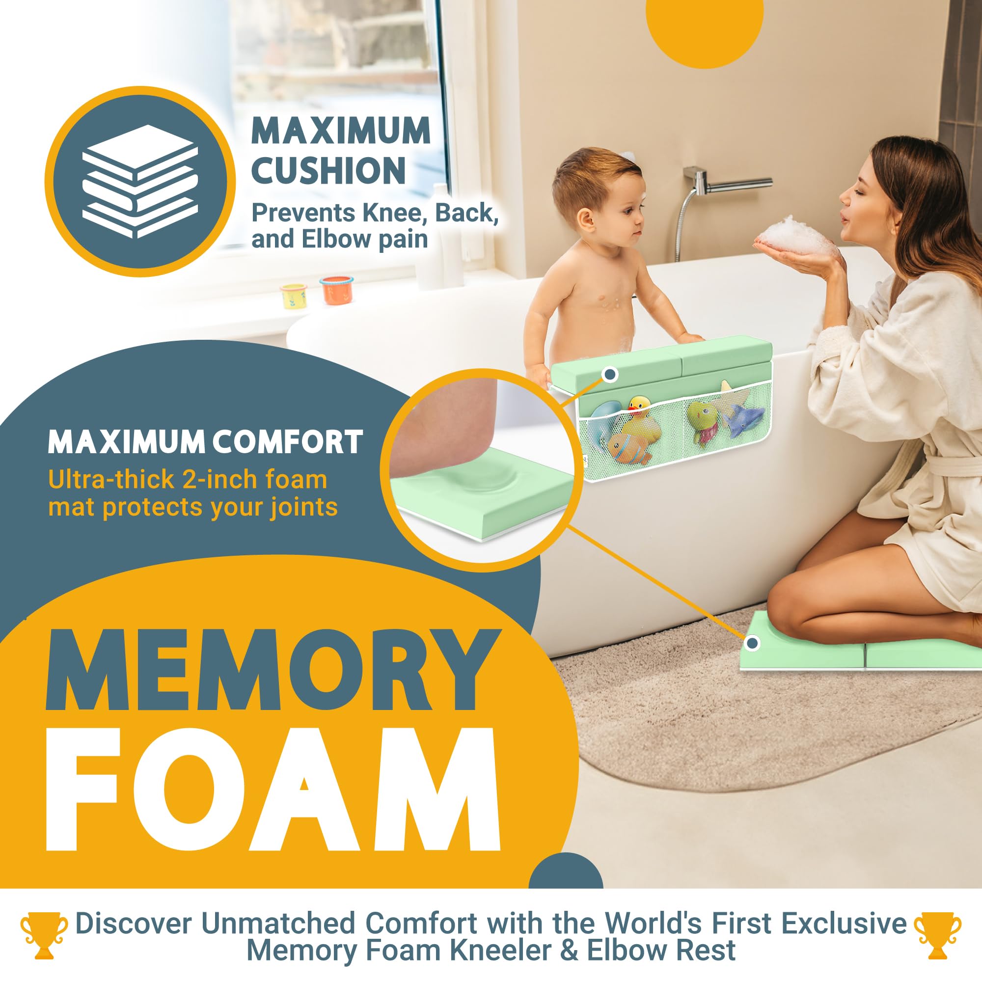 Woman and child using a memory foam kneeler and elbow rest in a bathtub setting.