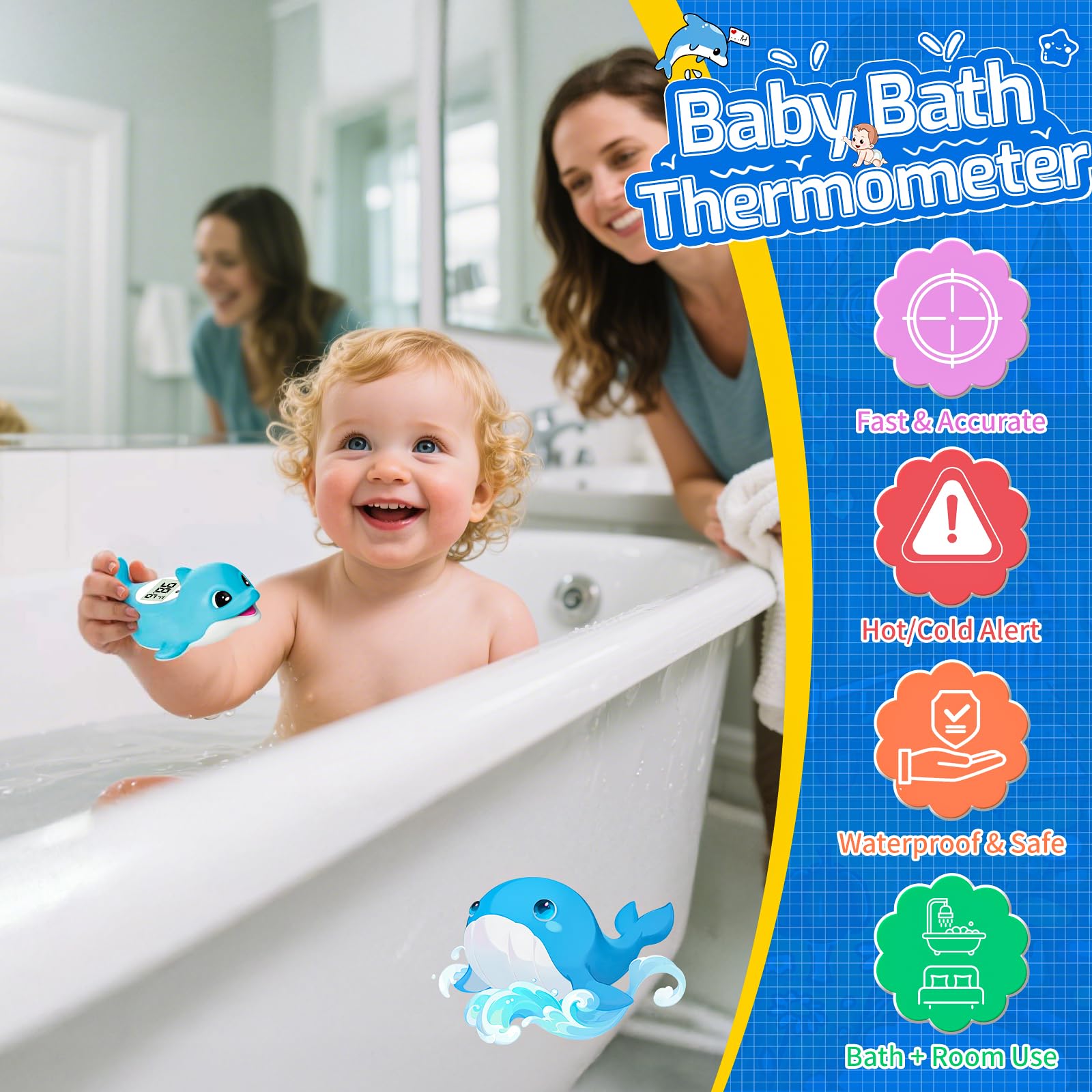 Baby Bath Thermometer for Newborn – Digital Bathtub Water Temperature Thermometer – Floating Dolphin Bath Toy, °C/°F Display, Waterproof & BPA-Free