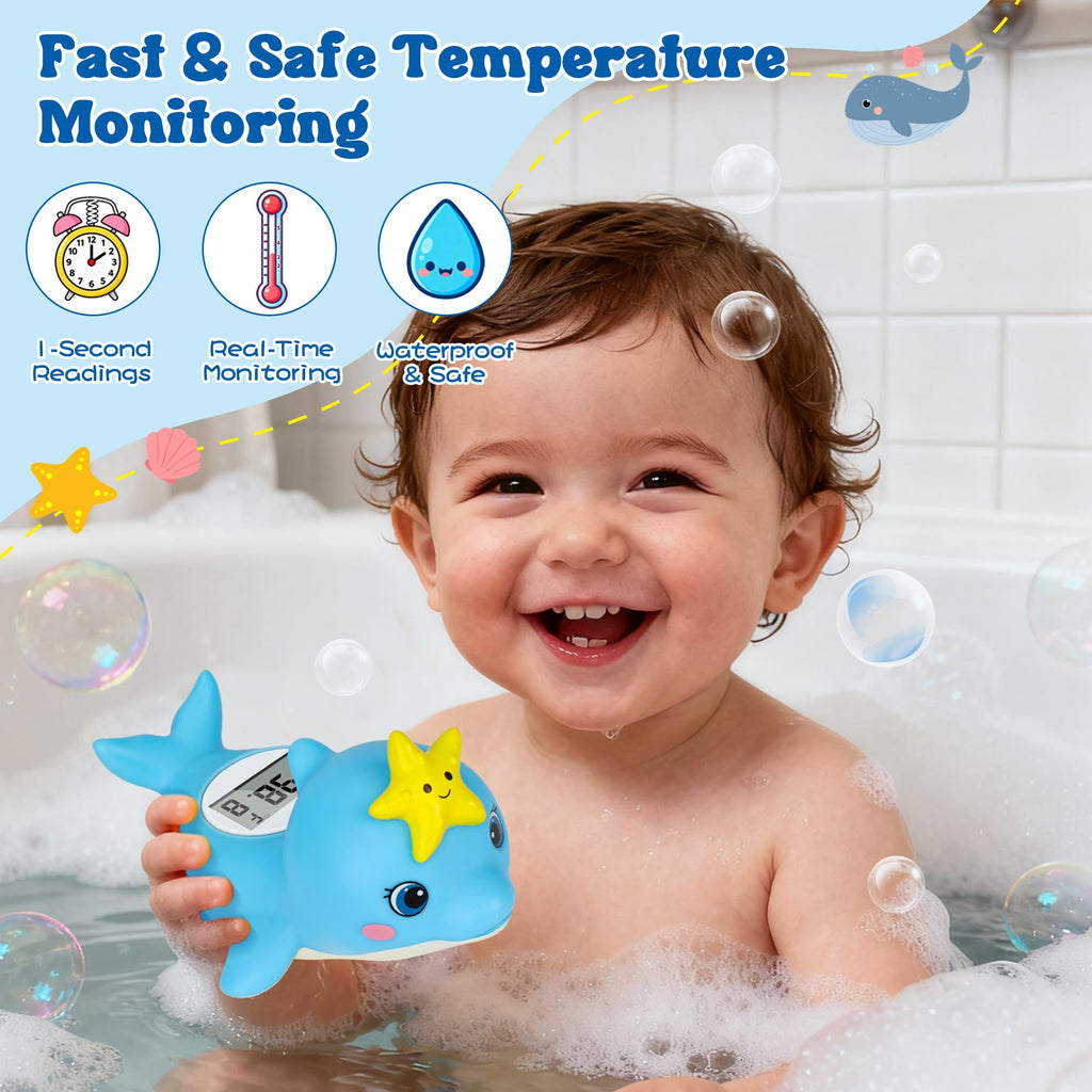 Baby Bath Thermometer for Newborn – Digital Bathtub Water Temperature Thermometer – Floating Dolphin Bath Toy, °C/°F Display, Waterproof & BPA-Free