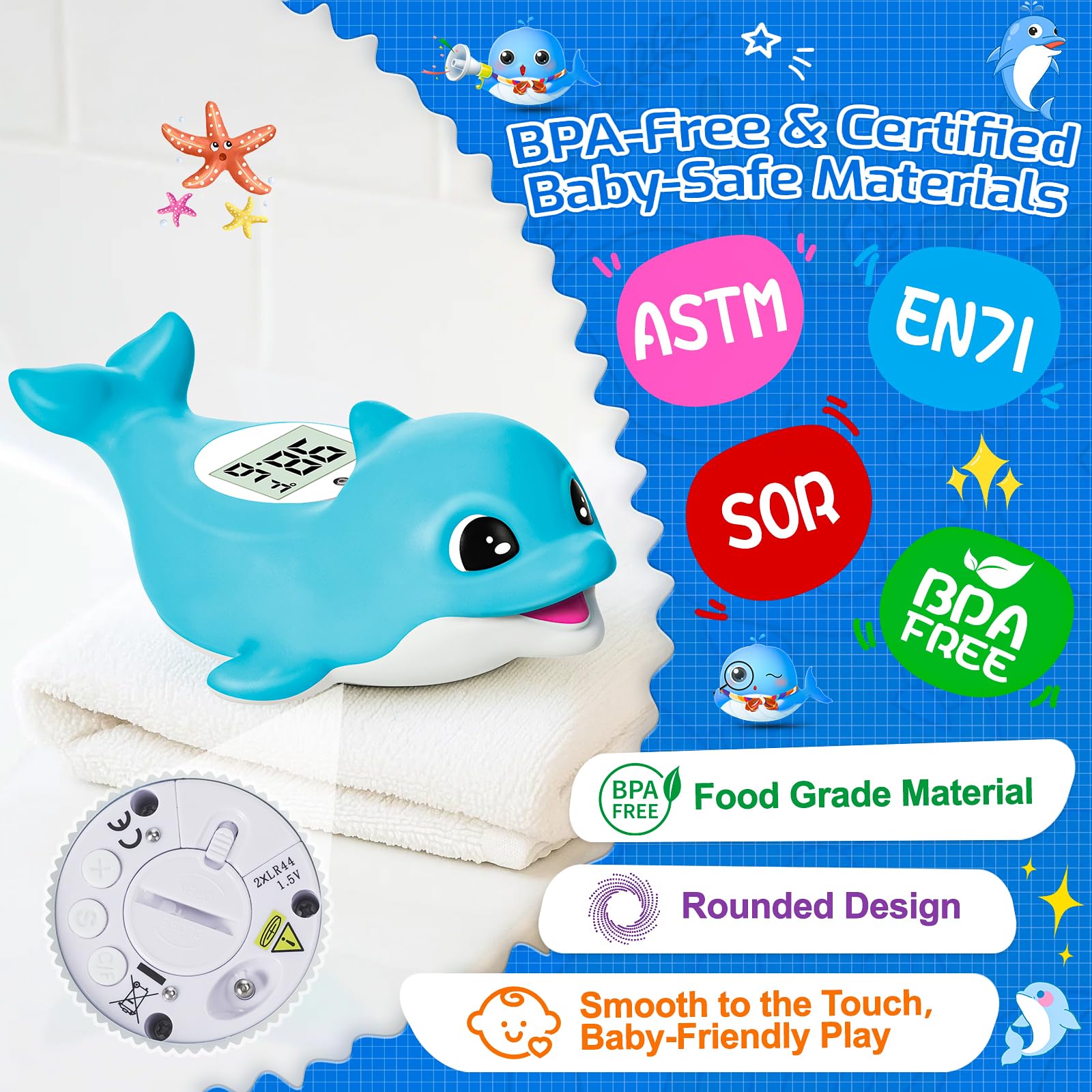 Baby Bath Thermometer for Newborn – Digital Bathtub Water Temperature Thermometer – Floating Dolphin Bath Toy, °C/°F Display, Waterproof & BPA-Free