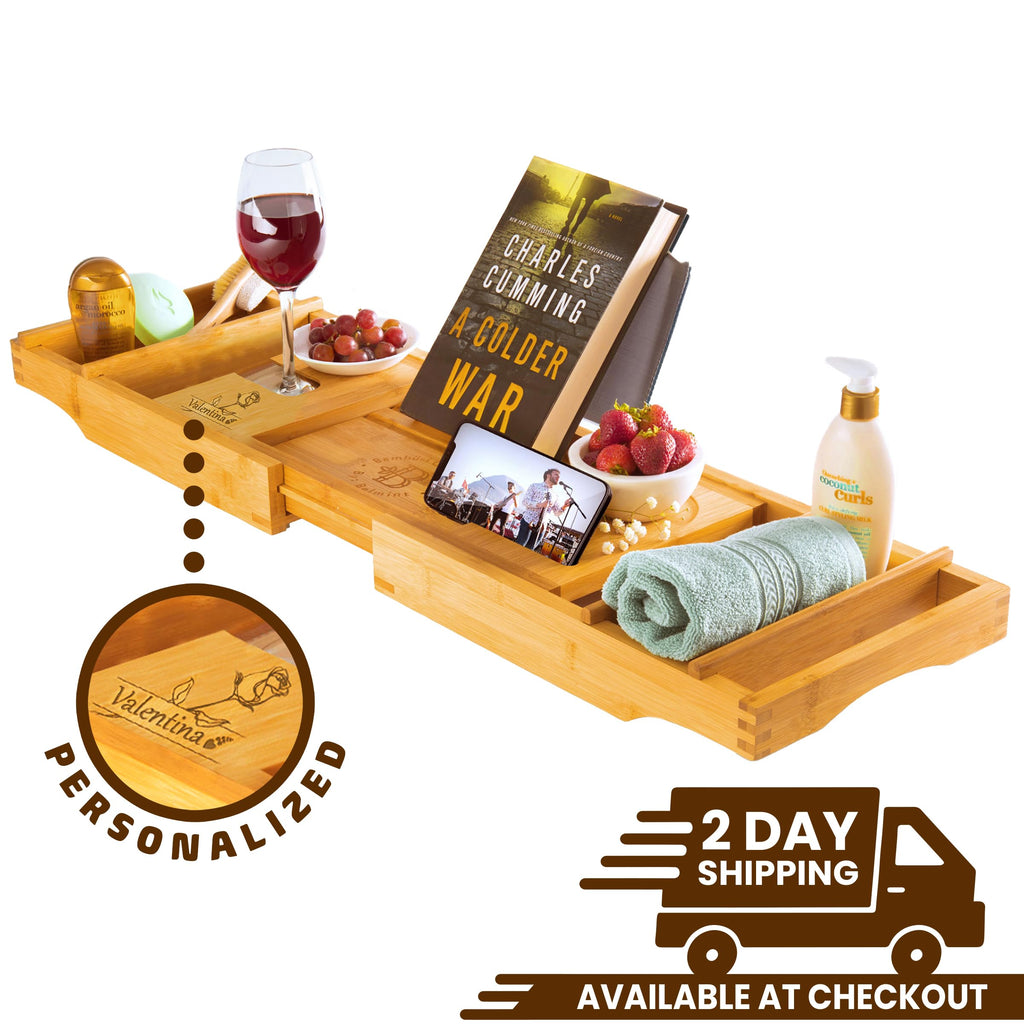Wooden Bathtub Tray - Foldable & Expandable Bamboo Bath Tray for Tub with Wine Holder, Book & Tablet Stand - Bath Caddy Tray for Bathtub, Spa Bath Accessories, Tub Tray Table, (Brown)