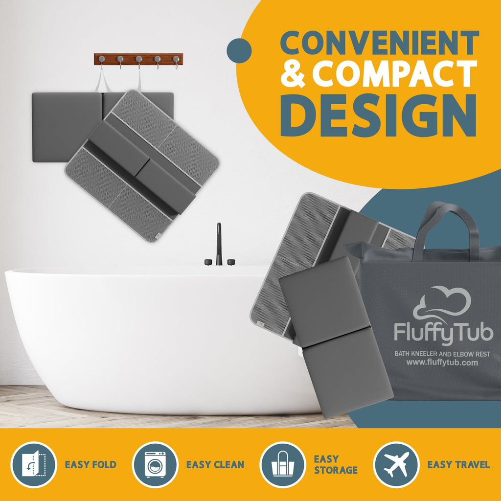 Gray bath kneeler with bathtub and text highlighting design features and brand.