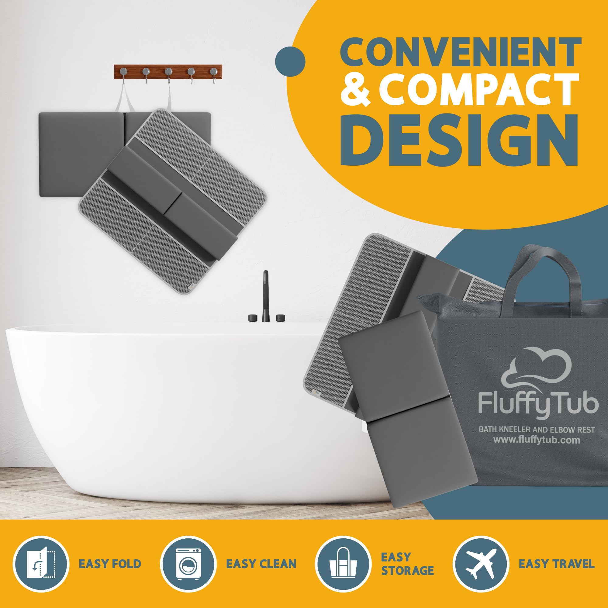 Bath Kneeler And Elbow Rest Pad Set, 2-Inch Thick Memory Foam, Water-Resistant, with Toy Organizer