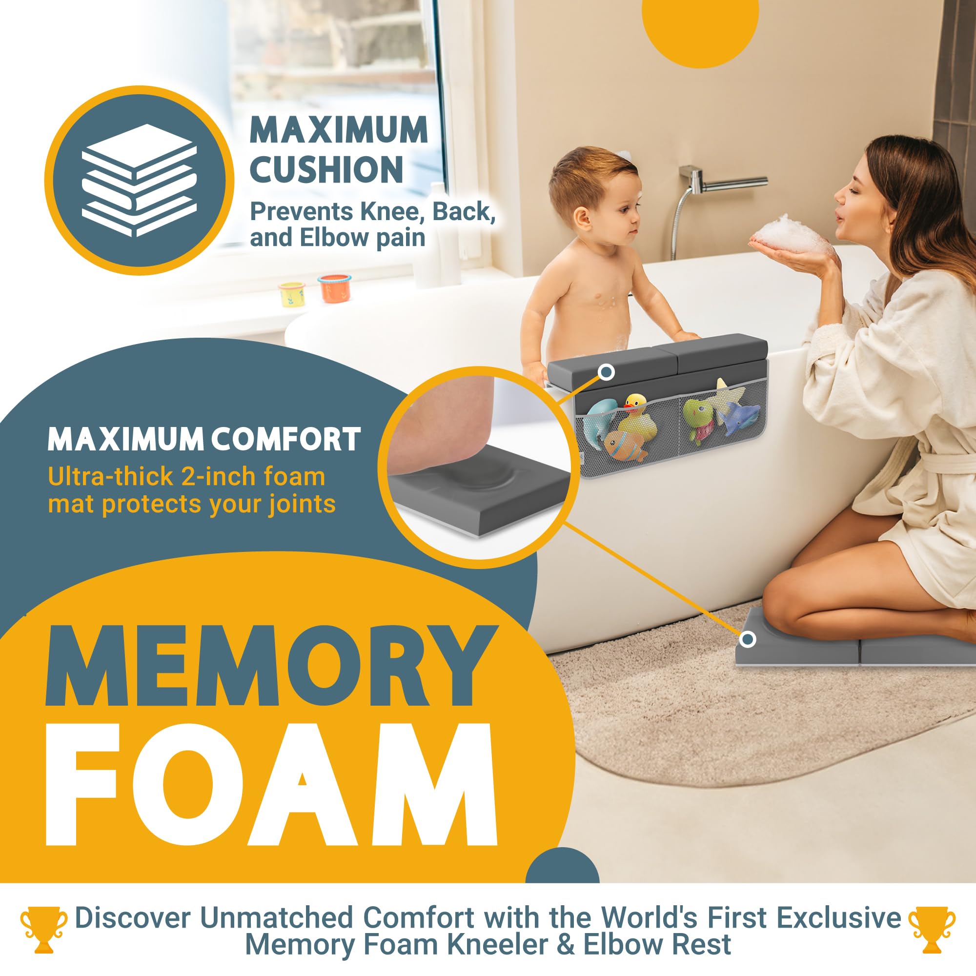 Bath Kneeler And Elbow Rest Pad Set, 2-Inch Thick Memory Foam, Water-Resistant, with Toy Organizer