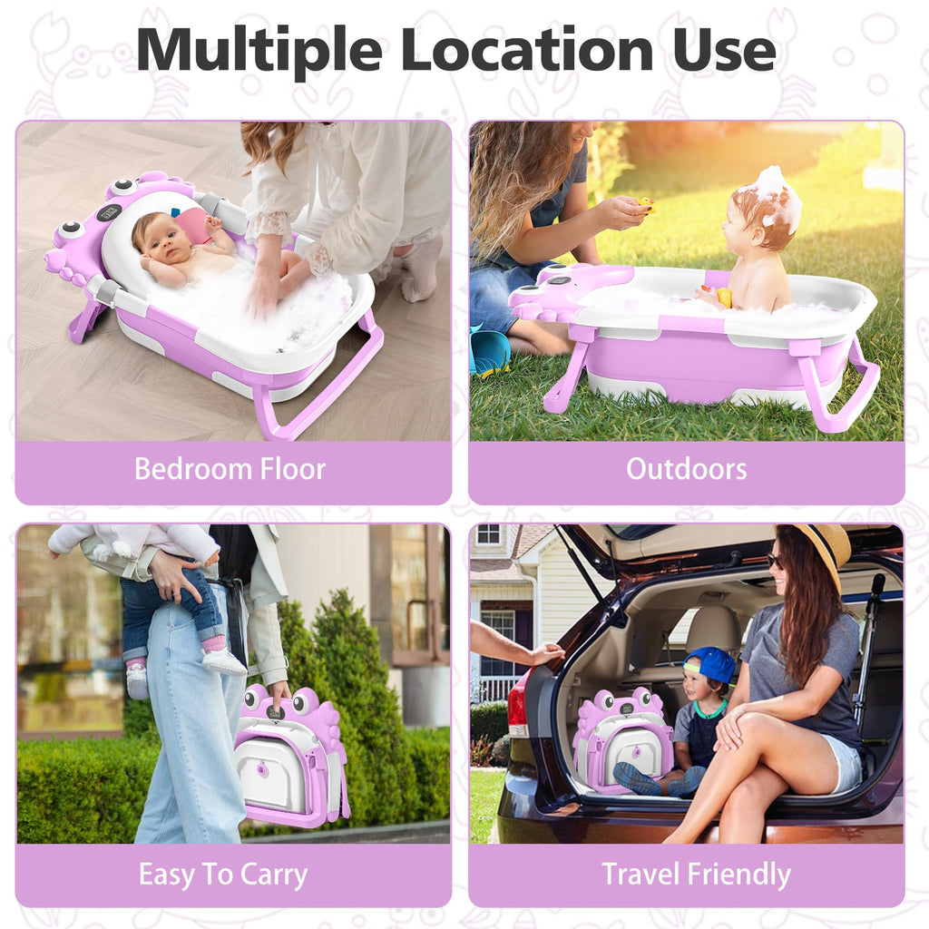 Collapsible Baby Bathtub for Newborns with Thermometer and Soft Floating Cushion Portable and Foldable Travel Baby Boy Bath Tub for Infants to Toddler 0-36 Month (Beige)
