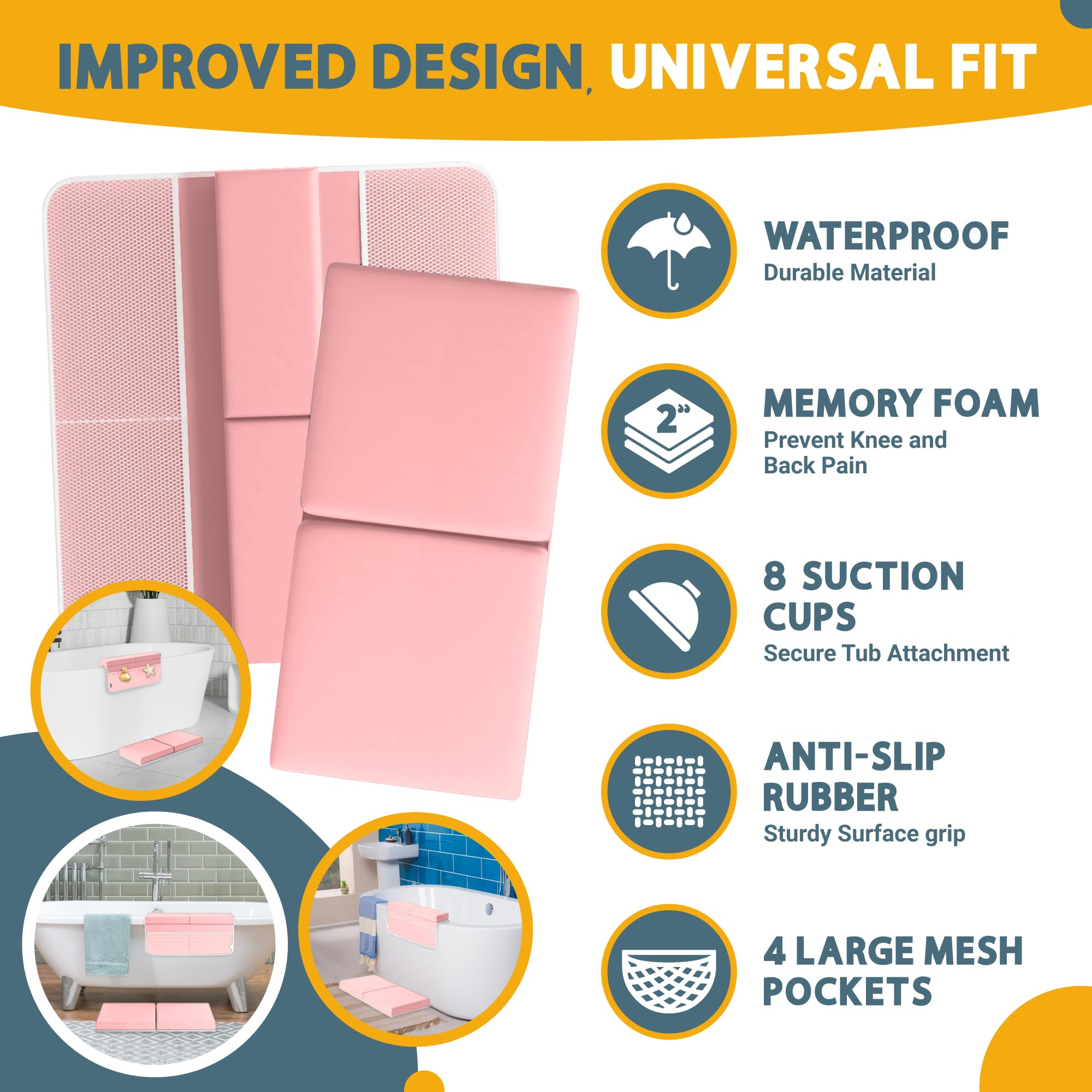 Bath Kneeler And Elbow Rest Pad Set, 2-Inch Thick Memory Foam, Water-Resistant, with Toy Organizer