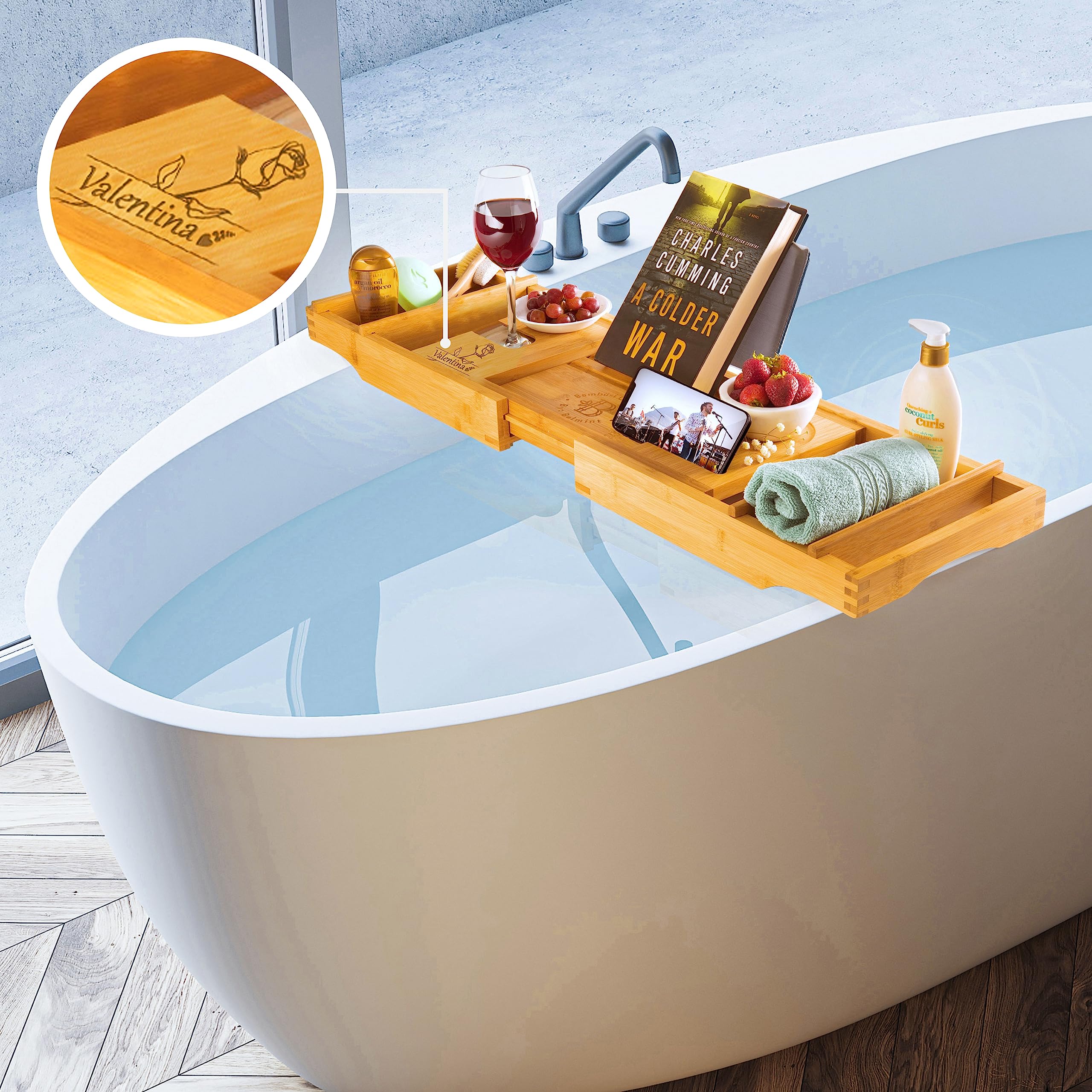 Wooden Bathtub Tray - Foldable & Expandable Bamboo Bath Tray for Tub with Wine Holder, Book & Tablet Stand - Bath Caddy Tray for Bathtub, Spa Bath Accessories, Tub Tray Table, (Brown)