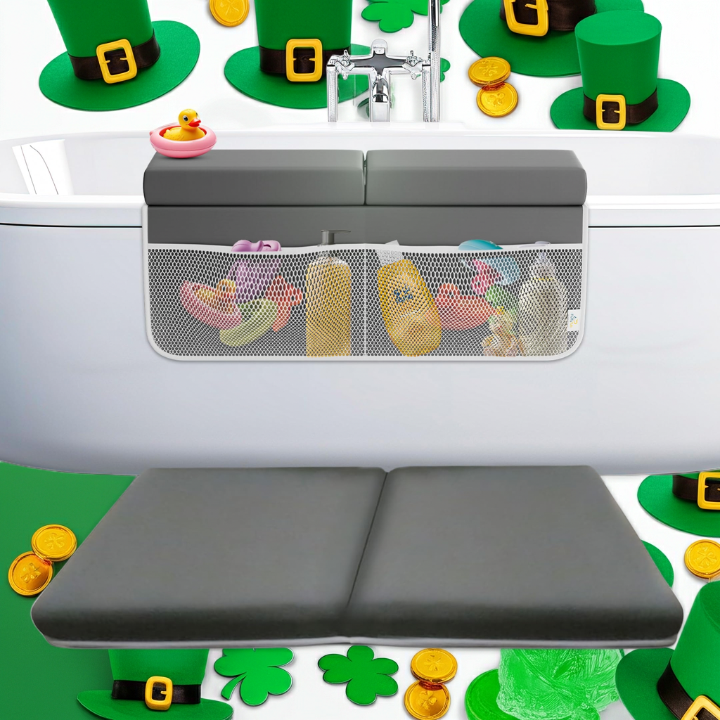 Bath Kneeler And Elbow Rest Pad Set, 2-Inch Thick Memory Foam, Water-Resistant, with Toy Organizer (Gray)